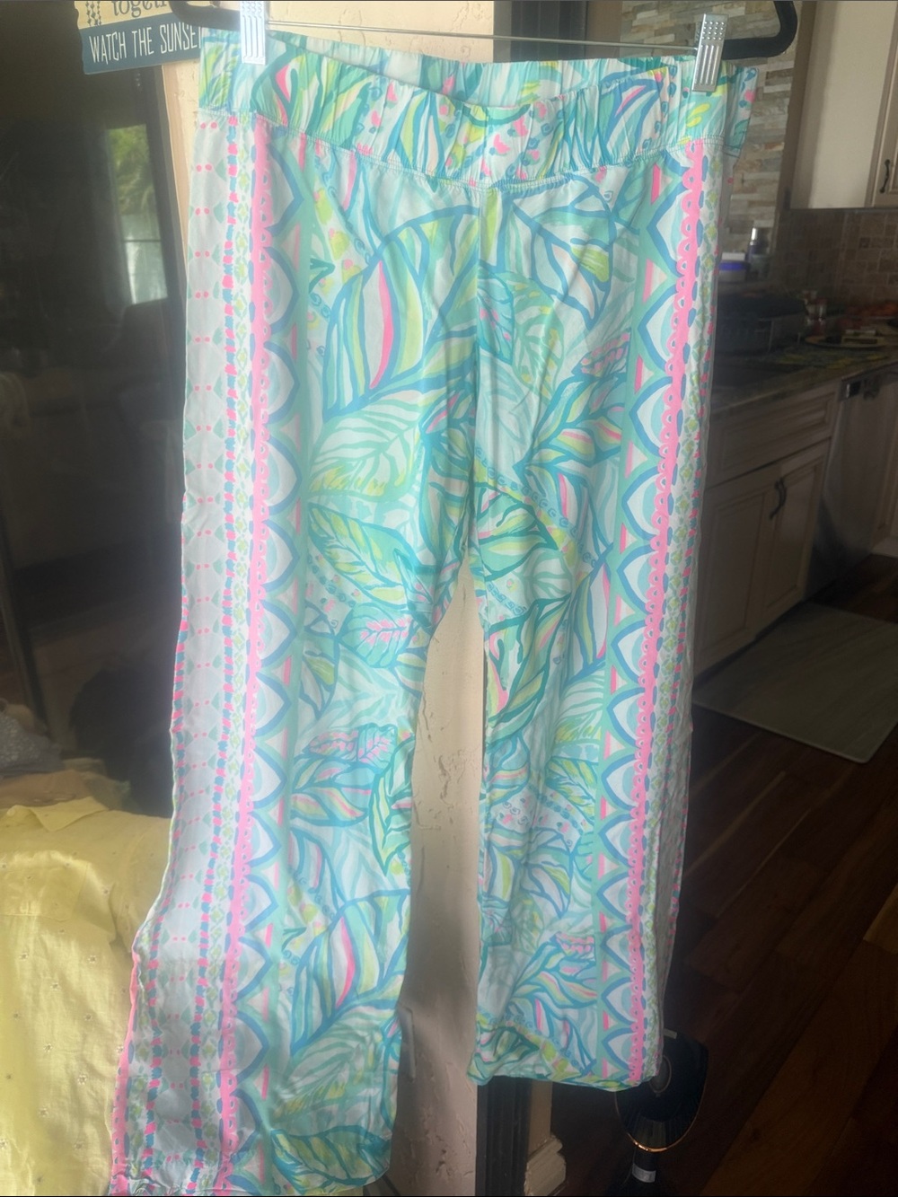 Lilly Pulitzer Light Blue Tropical Leaf Pajama Pants with Pink Trim